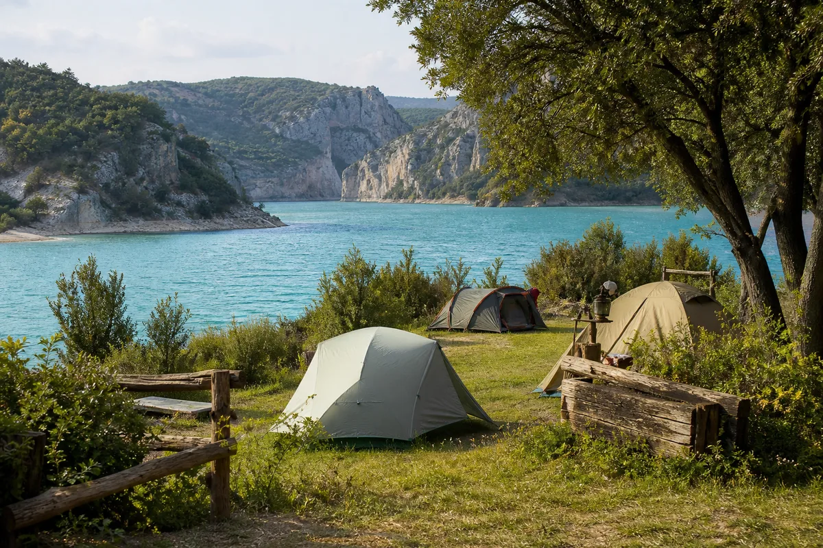Tentes installées sur des emplacements herbeux face à une étendue d&rsquo;eau turquoise