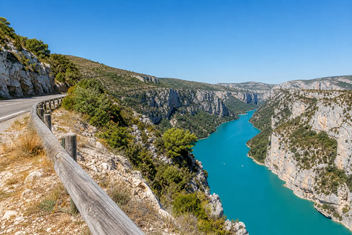Route de corniche surplombant le canyon du Verdon sous un ciel dégagé