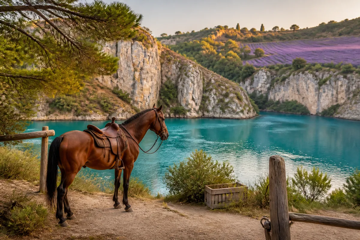 Chevaux au paddock derrière une clôture de bois, collines du Verdon en arrière-plan