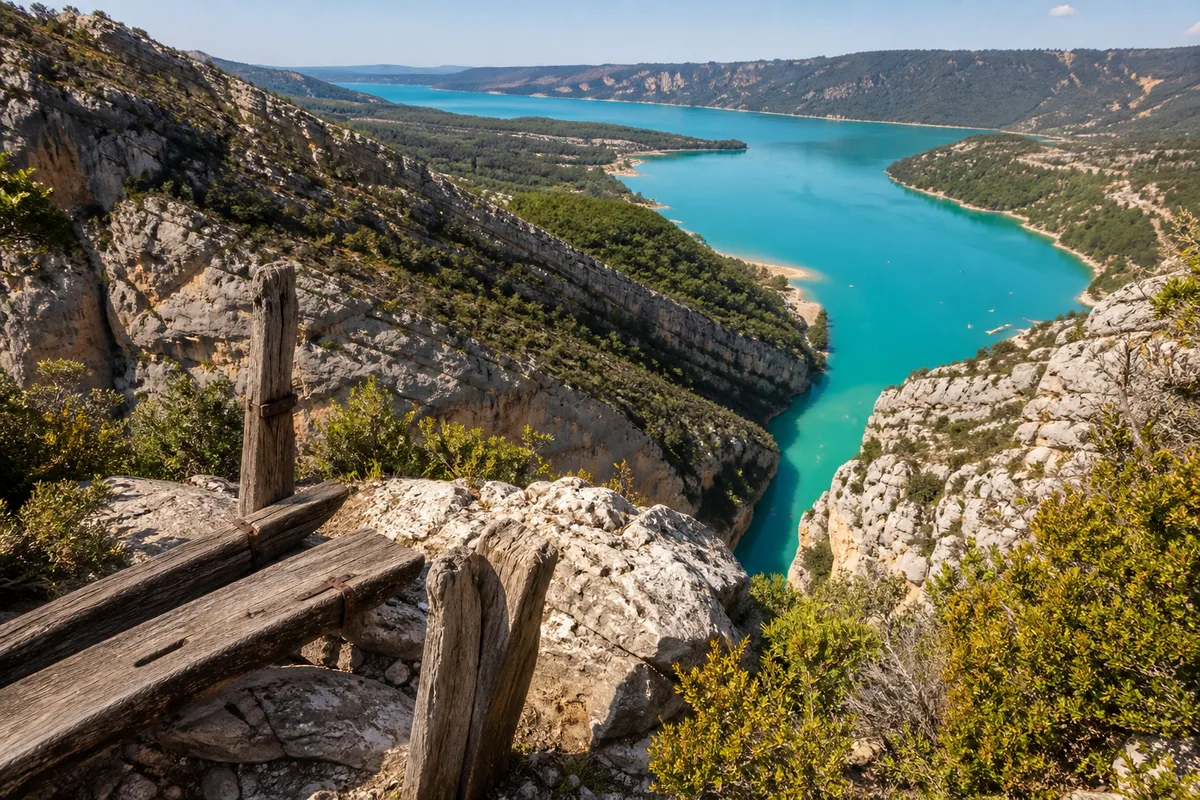Vue plongeante sur l’entrée des gorges du Verdon depuis un belvédère rocheux
