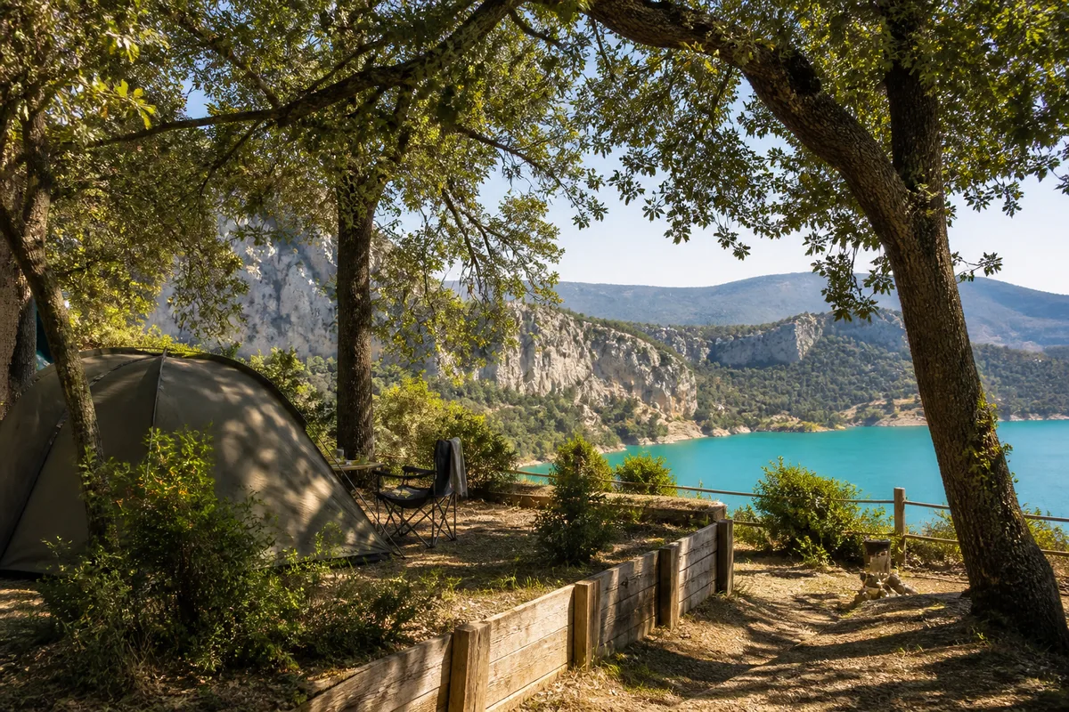 Emplacements de camping ombragés sous des chênes à proximité d’un plan d’eau