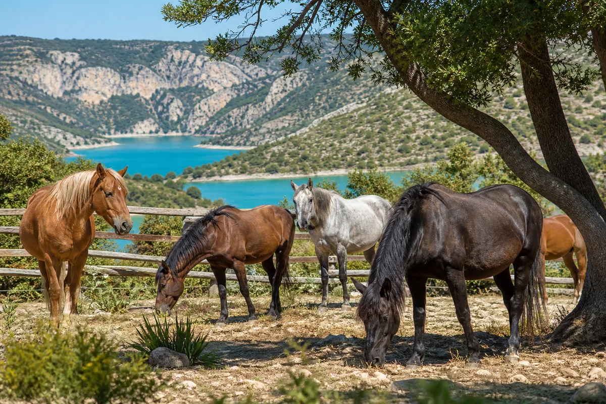 Chevaux de robes différentes au repos dans un paddock arboré