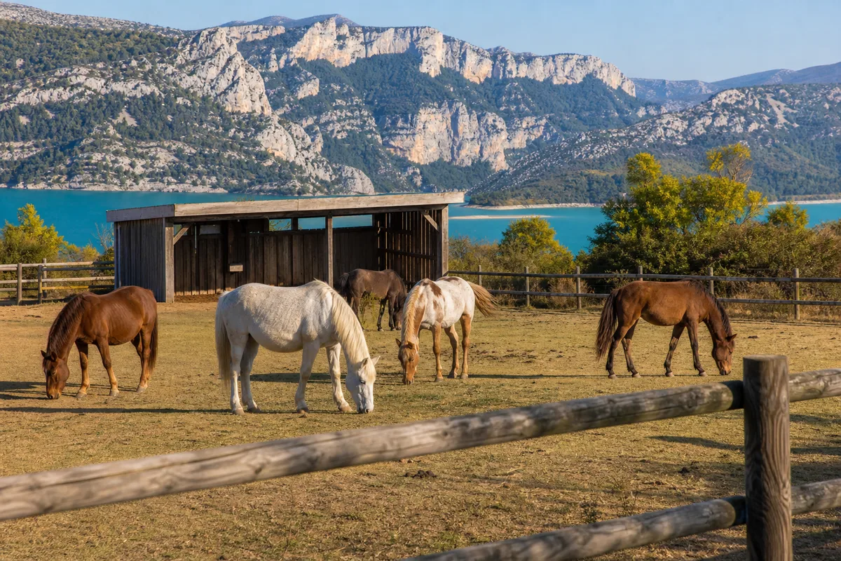 Chevaux au pré derrière une clôture en bois avec abri en arrière-plan