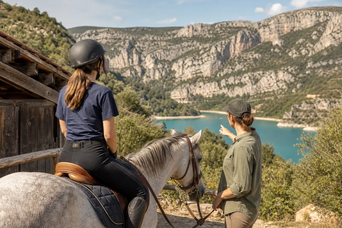 Cavalière débutante recevant les explications d’un accompagnateur avant le départ