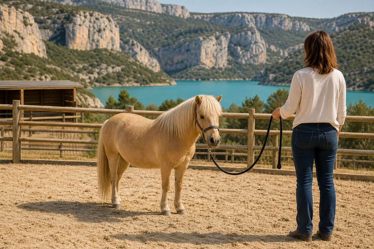 Poney à l’arrêt dans une carrière sablée, longe tenue par un accompagnateur